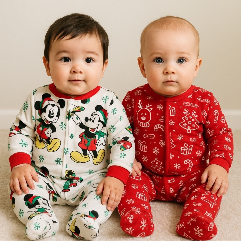 🎄 Disney & Holiday Time 2-Pack Footed Sleepers – 3–6 Months (18”)